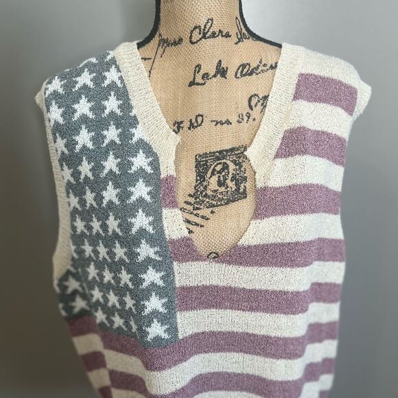 POL high low open knit sleeveless sweater V neck oversized patriotic beach vacay - Picture 4 of 8